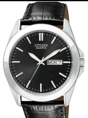 Citizen Black Dial Watch with Silver Case and Black Leather Band